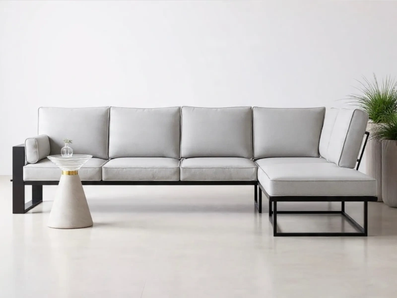 Narożnik ogrodowy 227x139 VERDEO nowoczesny narożnik na taras i balkon metalowa czarna konstrukcja z jasnoszarymi poduchami  