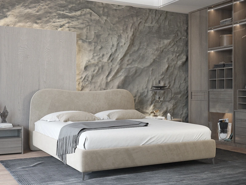 Łóżko tapicerowane 200x200 RIBES ze stelażem na srebrnych nogach beżowy welur 