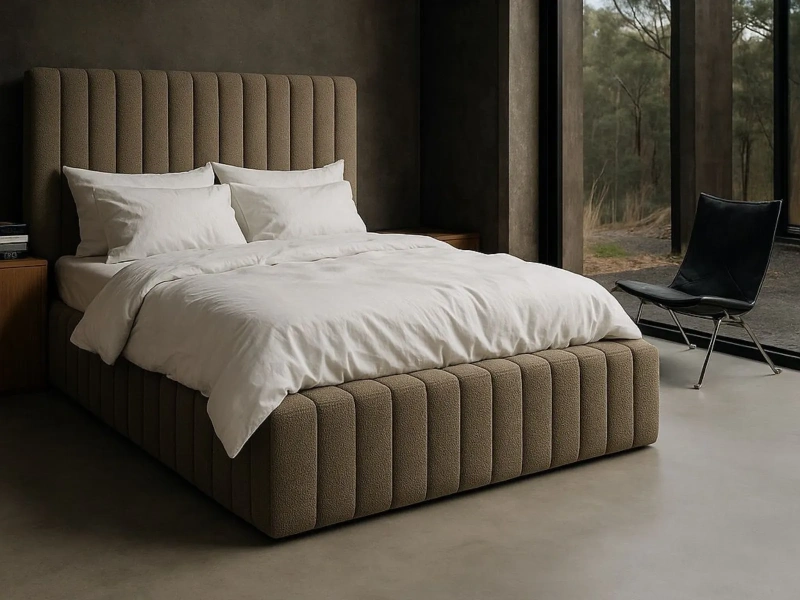 Łóżko tapicerowane 200x200 MELO z pojemnikiem i metalowym stelażem ciemnobeżowe boucle  