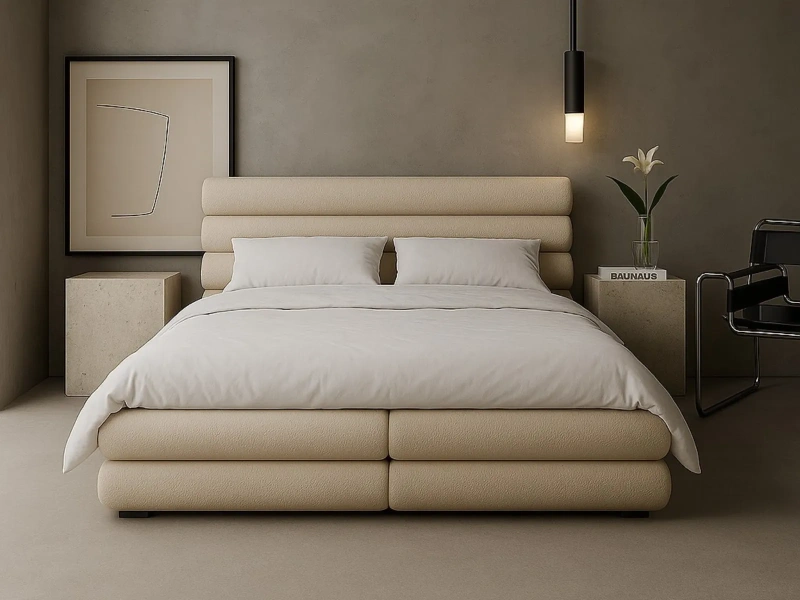 Łóżko tapicerowane 180x200 BLISSY ze zintegrowanym materacem i pojemnikiem beżowe boucle  