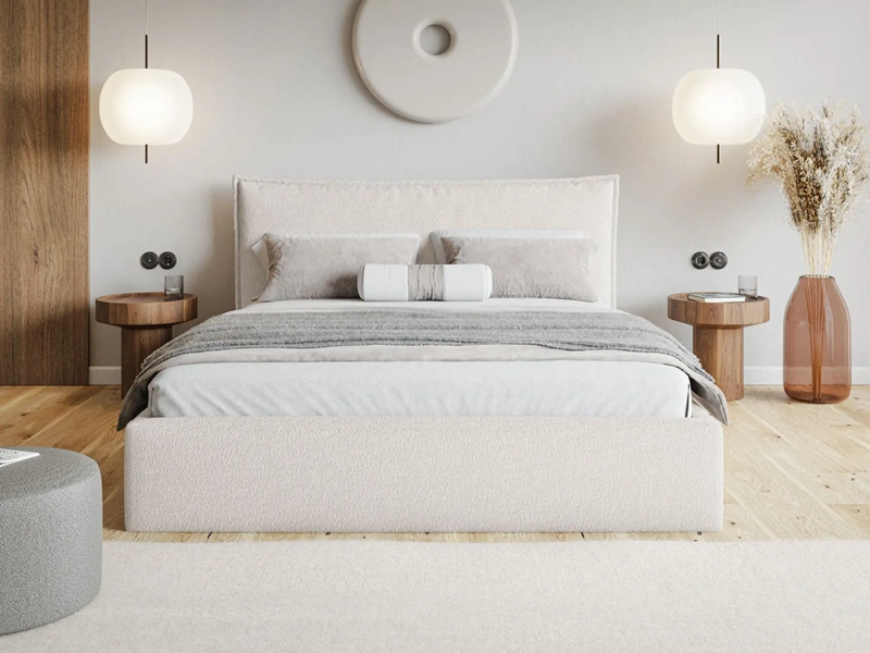 Łóżko tapicerowane 160x200 AURORA SLIM z pojemnikiem i stelażem ecru boucle 