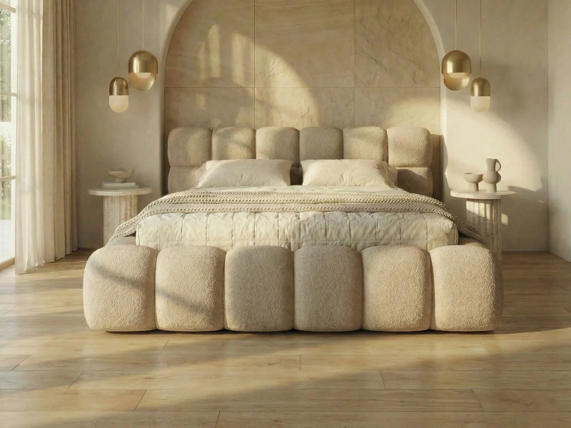 Łóżko tapicerowane 180x200 ASTER SLIM z pojemnikiem i stelażem beżowe boucle tkanina do wyboru