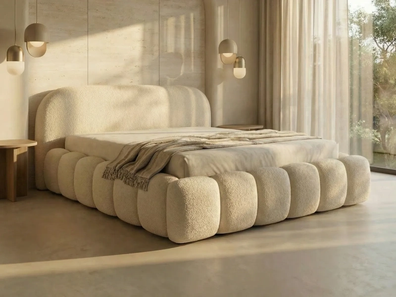 Łóżko tapicerowane 200x200 ELARA SLIM z pojemnikiem i stelażem beżowe boucle tkanina do wyboru  