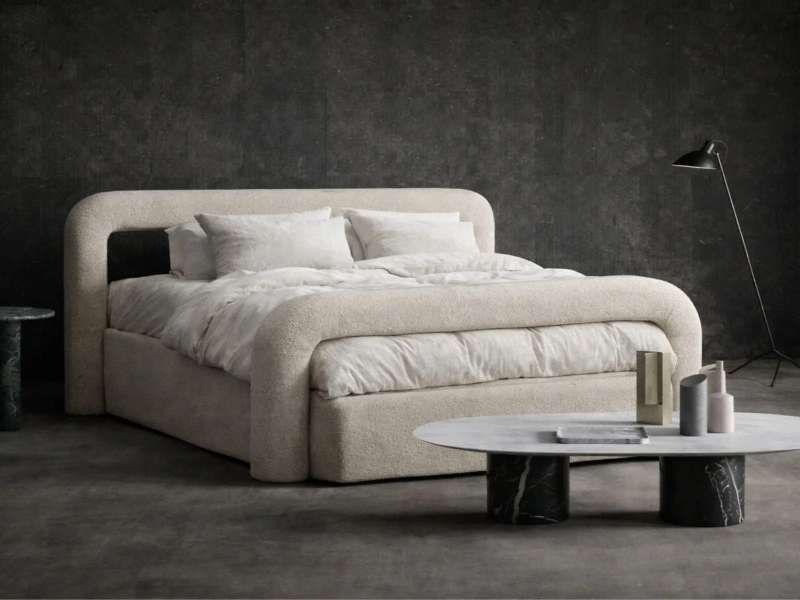 Łóżko tapicerowane 160x200 PRESTIGE z pojemnikiem i metalowym stelażem beżowe boucle  