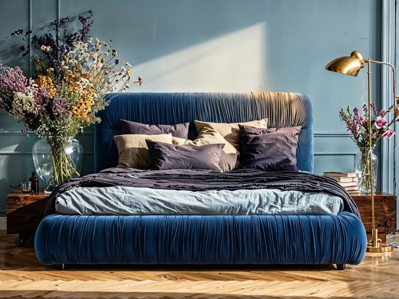 Łóżko tapicerowane 160x200 ELORA z pojemnikiem i metalowym stelażem niebieski welur 