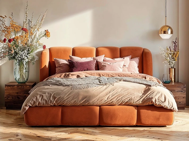 Łóżko tapicerowane 180x200 ORELIA z pojemnikiem i metalowym stelażem pomarańczowy welur   