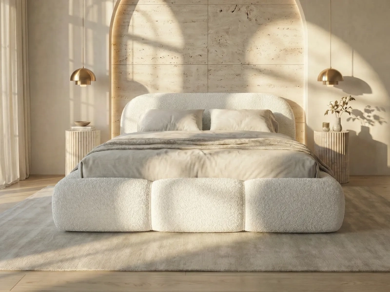 Łóżko tapicerowane 160x200 FLORINA SLIM z pojemnikiem i stelażem białe boucle 