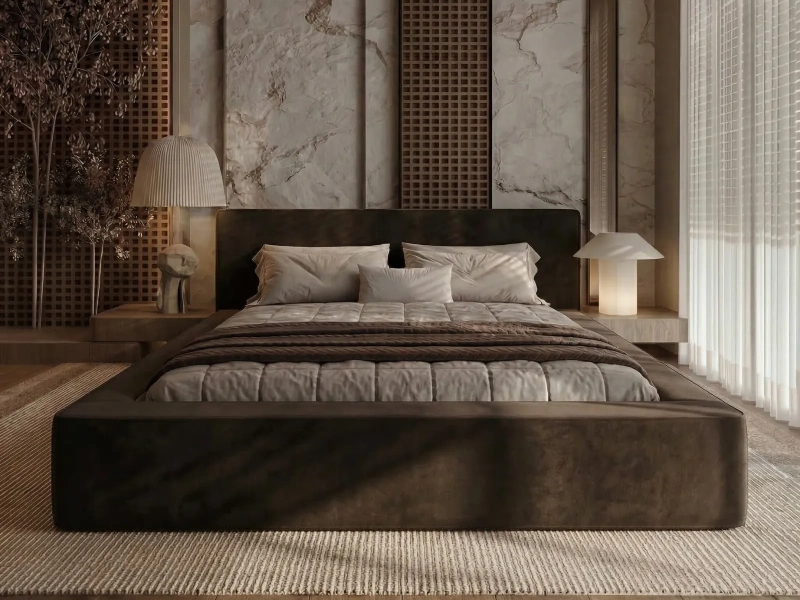 Łóżko tapicerowane 180x200 z pojemnikiem i stelażem DAISY brązowe welurowe 