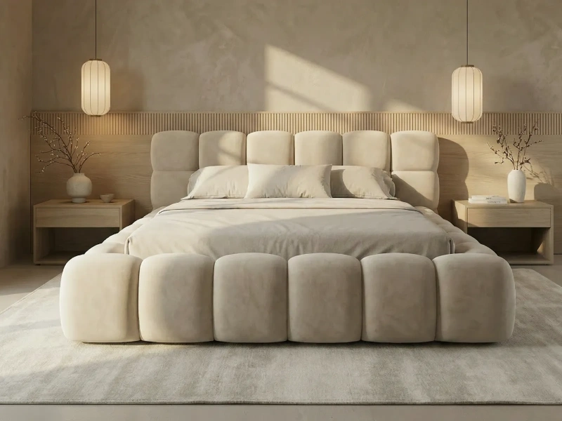 Łóżko tapicerowane 200x200 ASTER SLIM z pojemnikiem i metalowym stelażem beżowy welur