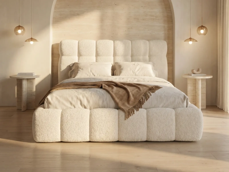Łóżko tapicerowane 200x200 ODIN SLIM z pojemnikiem i stelażem w tkaninie Quelle jasnobeżowe boucle  