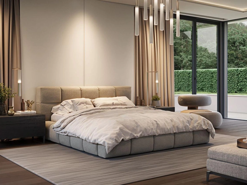 Łóżko tapicerowane 140x200 LILAC z pojemnikiem i metalowym stelażem szare boucle