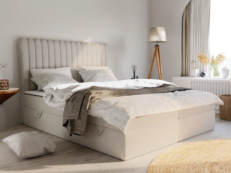 Łóżko kontynentalne 180x200 AGNES z pojemnikiem oraz materacem bonellowym beżowe boucle