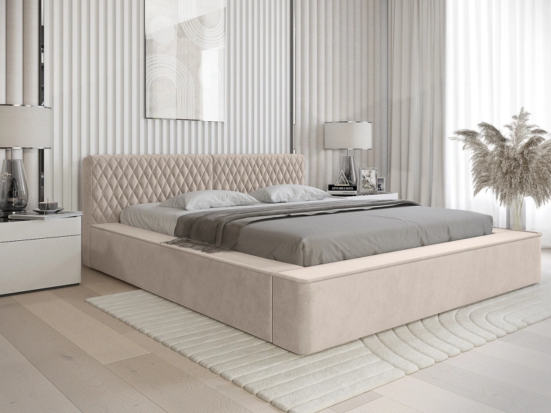 Łóżko tapicerowane 160x200 LAVA beżowa tkanina z pojemnikiem i stelażem 