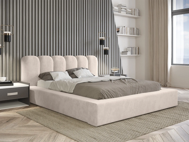 Łóżko tapicerowane 160x200 ROSARIO ze stelażem i pojemnikiem beżowe szenilowe