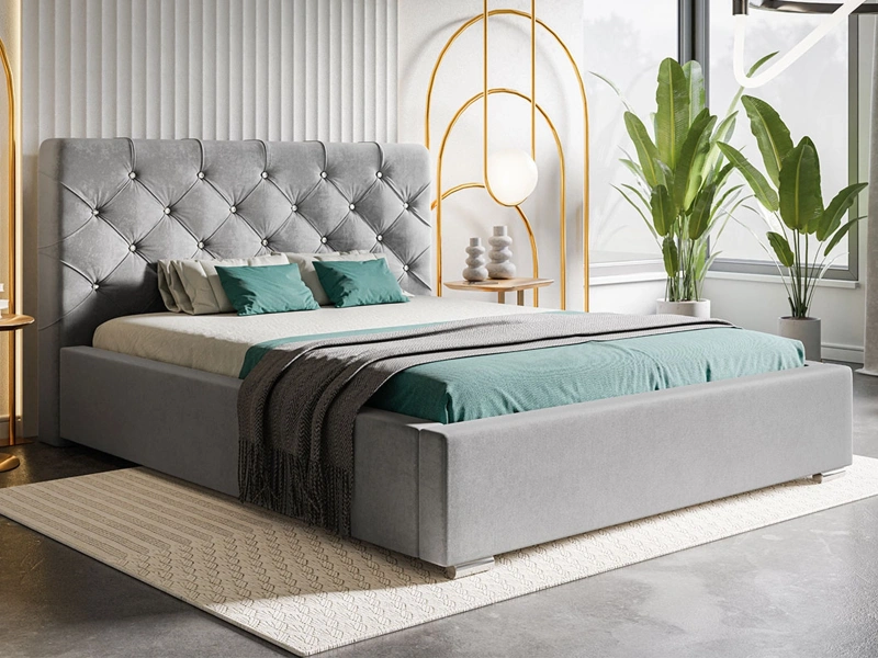 Łóżko tapicerowane 140x200 GRAYSON z pojemnikiem i stelażem szary welur