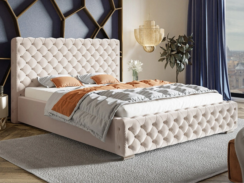 Łóżko tapicerowane 160x200 FRANK z pojemnikiem i stelażem beżowy welur  