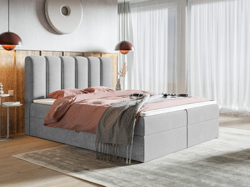 Łóżko kontynentalne 180x200 AMOR z pojemnikiem oraz materacem bonellowym szary welur  