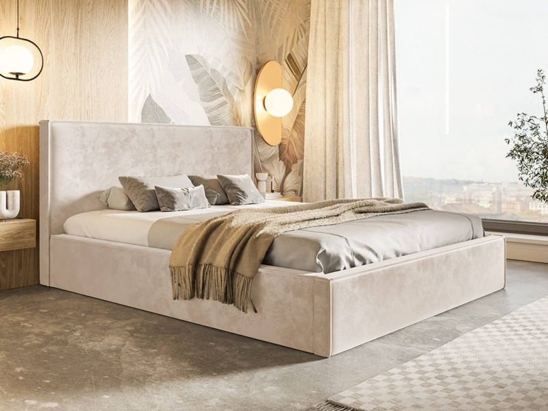 Łóżko tapicerowane 160x200 FLANO SLIM z pojemnikiem i stelażem beżowy welur  