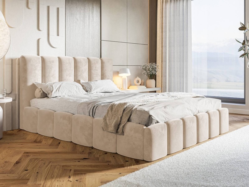 Łóżko tapicerowane 160x200 MONZO SLIM z pojemnikiem i stelażem beżowy welur 