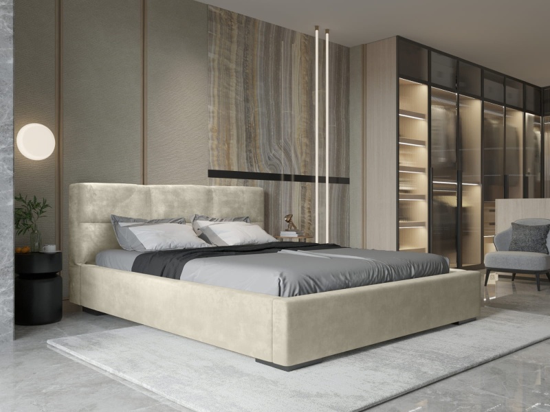 Łóżko tapicerowane 160x200 LEMON z pojemnikiem na pościel i stelażem beżowy welur  