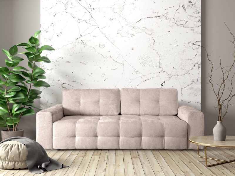 Trzyosobowa Sofa 255x108 SILLI rozkładana  z funkcją spania oraz pojemnikiem na pościel beżowy szenil