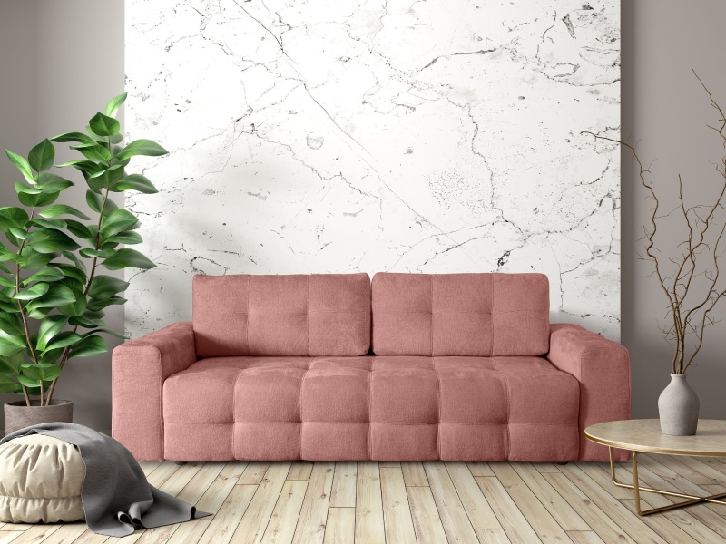 Trzyosobowa Sofa 255x108 SILLI rozkładana  z funkcją spania oraz pojemnikiem na pościel różowy szenil 