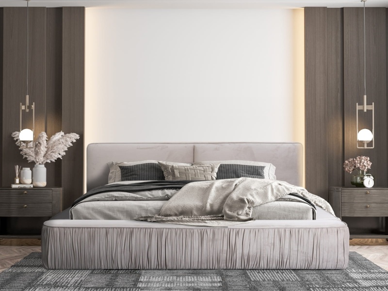 Łóżko tapicerowane 160x200 RESIN z pojemnikiem na pościel i stelażem beżowy welur