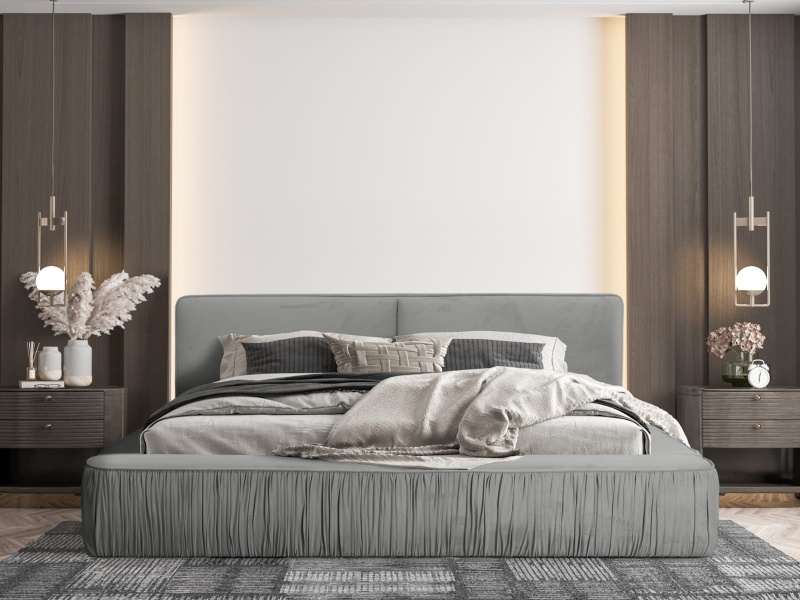 Łóżko tapicerowane 160x200 RESIN z pojemnikiem na pościel i stelażem szary welur  