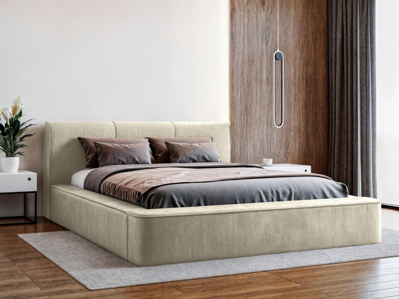 Łóżko tapicerowane 160x200 RENE z pojemnikiem i stelażem beżowy szenil 